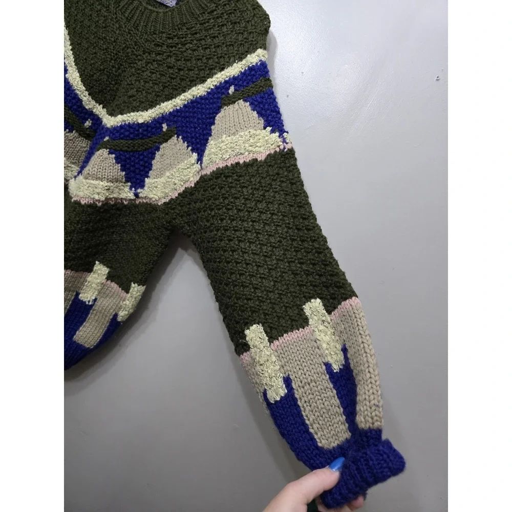 Vintage Novo Hand Knit Wool Blend Sweater Geometric Chunky Olive Blue Large